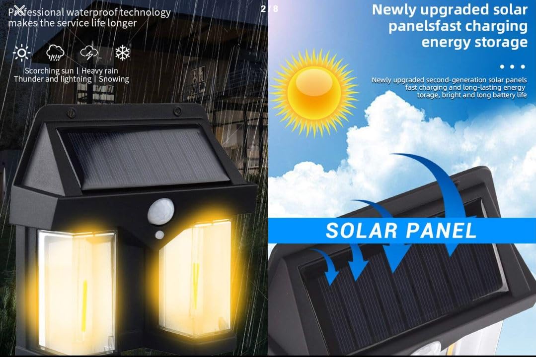 Applique Solare Con Sensore Di Movimento Da Muro e Doppia Lampada