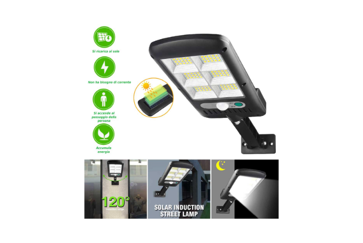 Faretto da 120 LED orientabile ad energia solare con sensore di movimento e crepuscolare