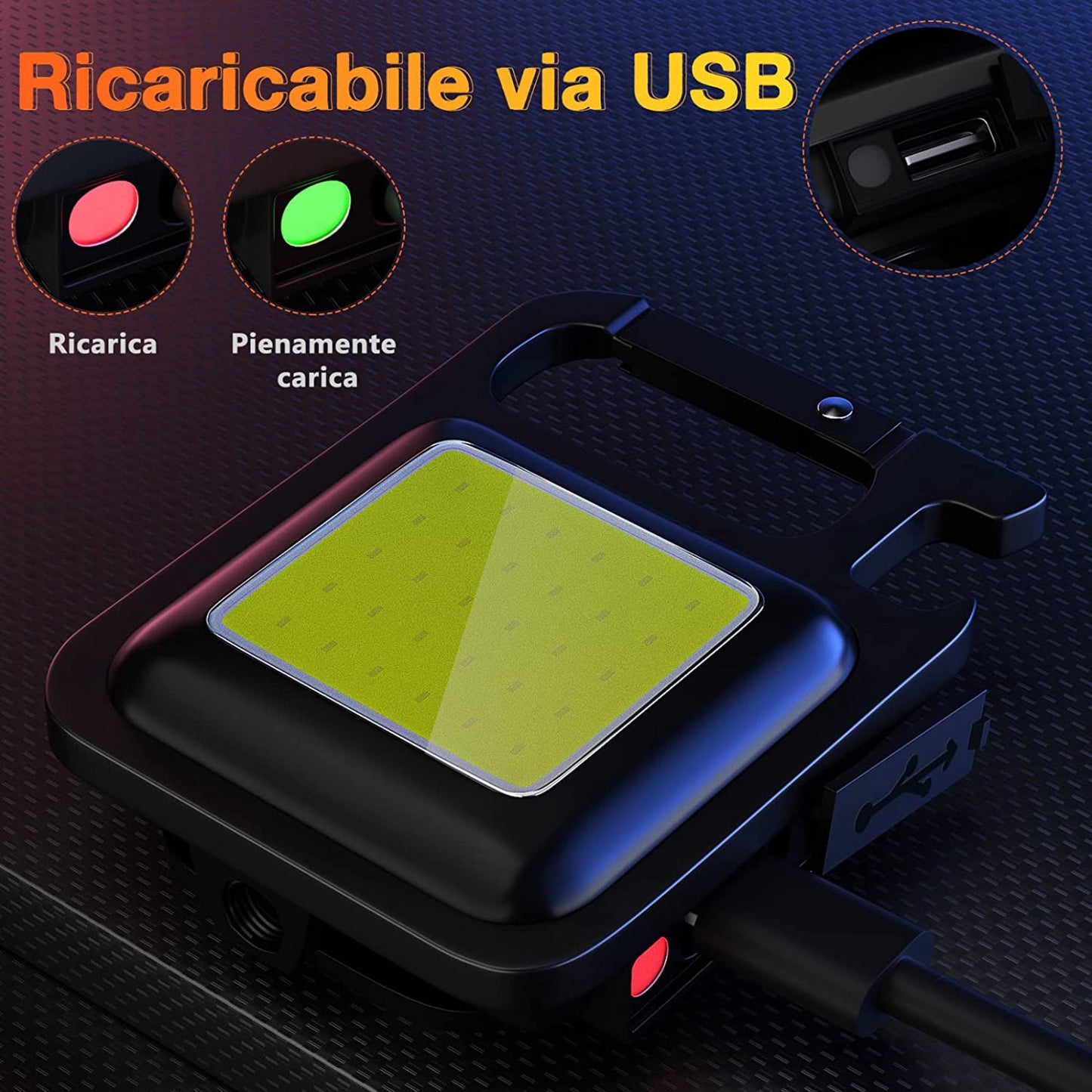Torcia portachiavi LED fino a 800 lumen con cavo di ricarica USB