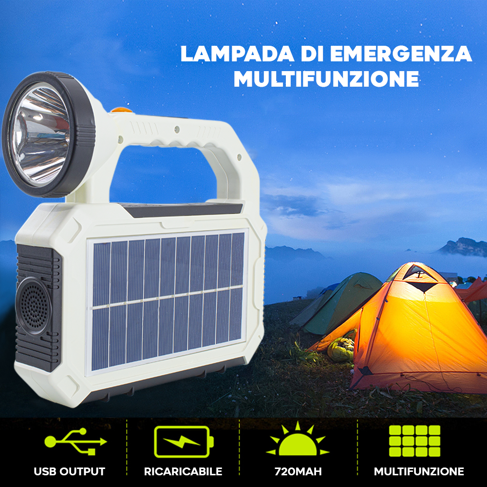 Luce LED di Emergenza con Pannello Solare Multifunzione e Cavo USB per ricarica incluso